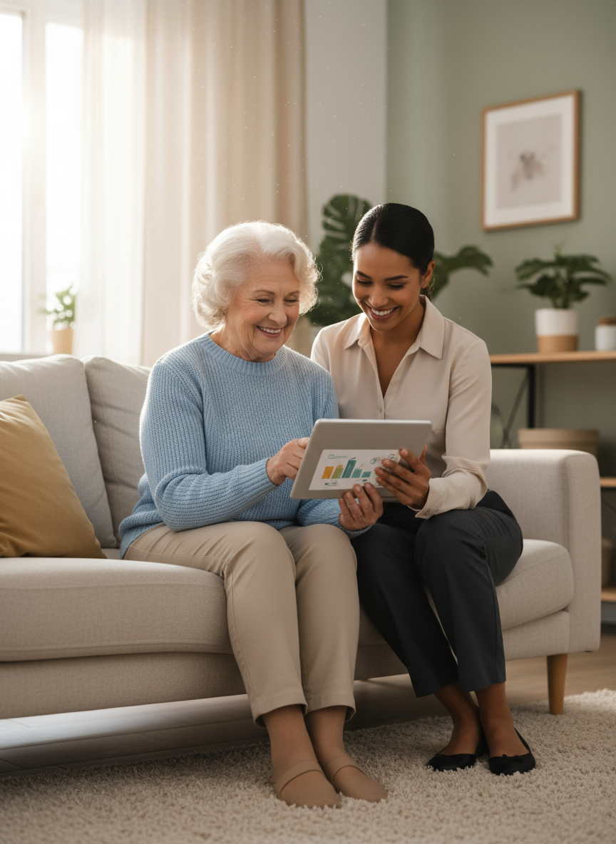 Smiling elderly woman sitting comfortably on a sofa at home with a professional caregiver beside her, both looking at a tablet together, bright natural light, warm neutral colors, modern home interior, reassuring and professional feel for a homecare hero section